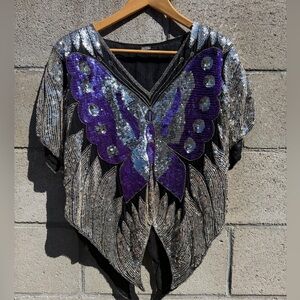 Vintage Metallic Disco 100% Silk Sequin + Beaded Butterfly Flowy Top OS